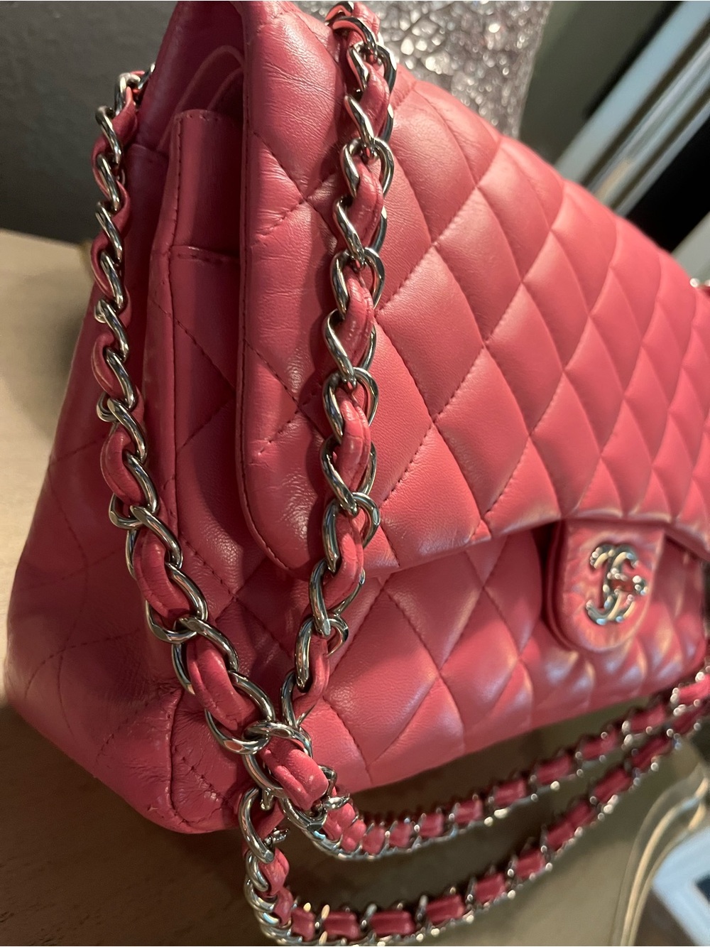 CHANEL Jumbo Quilted Double Flap Shoulder Bag in Hot Pink with Silver Hardware - Picture 3 of 13